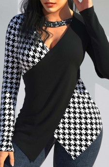 Houndstooth Print Sequin Black V Neck T Shirt