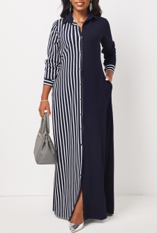 Striped Pocket Navy H Shape Maxi Dress