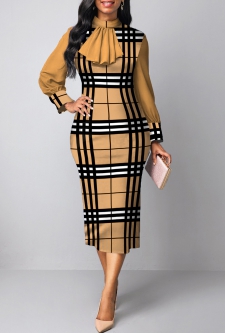 Plaid Patchwork Light Camel Stand Collar Bodycon Dress