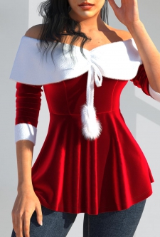 Contrast Fur Collar Red Off Shoulder Blouse