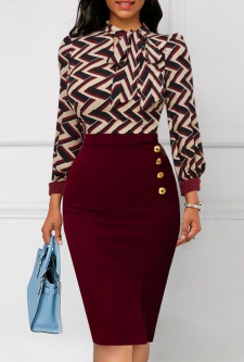 Striped Button Wine Red Tie Collar Bodycon Dress