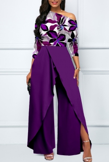 Floral Print Split Purple Long Boat Neck Jumpsuit