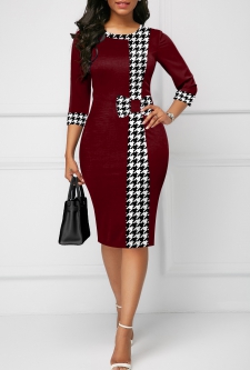 Houndstooth Print Bowknot Deep Red Bodycon Dress