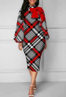 Houndstooth Print Bowknot Red Turtleneck Dress