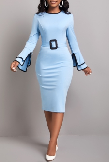 Contrast Binding Belted Light Blue Bodycon Dress