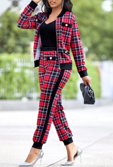 Plaid Red Long Sleeve Zipper Sweatsuit Set