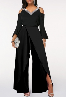 Sequin Long Sleeve Black V Neck Jumpsuit