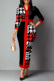 Houndstooth Print Split Neck Black Bodycon Dress