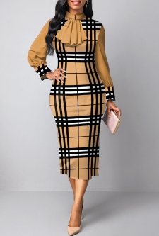 Plaid Patchwork Light Camel Stand Collar Bodycon Dress