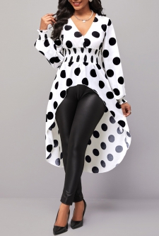 Polka Dot Long Sleeve White Smocked Blouse