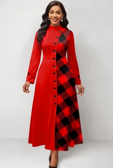 Plaid Patchwork Red Stand Collar Maxi Dress