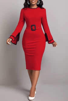 Contrast Binding Belted Wine Red Bodycon Dress