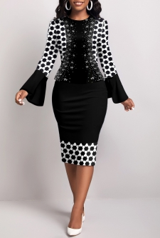 Geometric Print Fake 2in1 Black Bodycon Dress