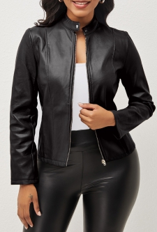 Zipper Stand Collar Long Sleeve Black Jacket