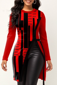Geometric Print Split Red Round Neck T Shirt