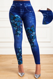 Butterfly Print Blue Elastic Detail High Waisted Leggings