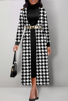 Houndstooth Print Fake 2in1 Black Dress