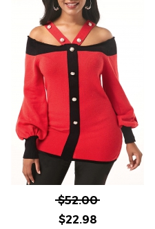 Blouson Sleeve Cold Shoulder Pearl Embellished Sweater