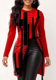 Geometric Print Split Red Round Neck T Shirt