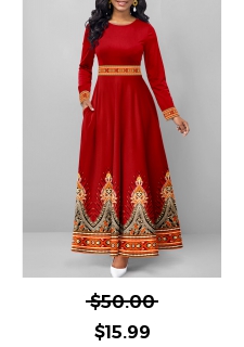 Tribal Print Pocket Deep Red Maxi Dress