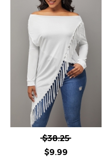 Tassel Asymmetric Hem White Off Shoulder T Shirt
