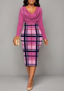 Pink V Neck Long Sleeve Plaid Bodycon Dress