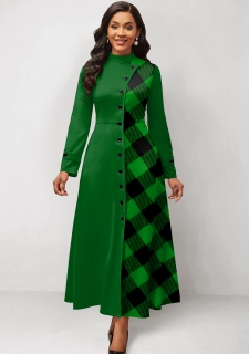 Plaid Patchwork Green Stand Collar Maxi Dress