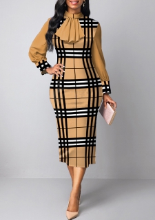 Plaid Patchwork Light Camel Stand Collar Bodycon Dress