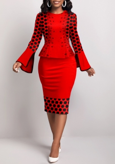 Geometric Print Red Bodycon Round Neck Dress