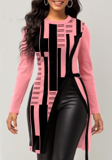 Geometric Print Pink Round Neck T Shirt