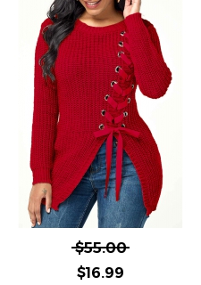 Split Front Lace Up Long Sleeve Sweater