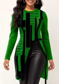 Geometric Print Green Round Neck T Shirt