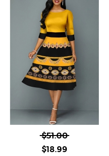 Tribal Print Yellow 3/4 Sleeve Round Neck Dress