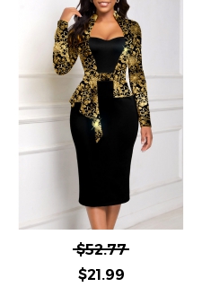 Floral Print Hot Stamping Black Midi Bodycon Dress