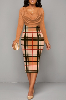 Plaid Patchwork Light Coffee V Neck Bodycon Dress