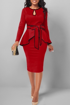 Contrast Binding Belted Red Round Neck Bodycon Dress
