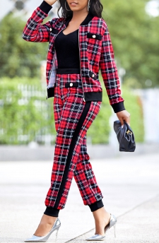 Plaid Red Long Sleeve Zipper Sweatsuit Set