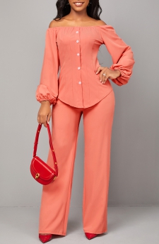 Coral Red Off Shoulder Button Top and Pants