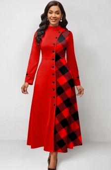 Plaid Patchwork Red Stand Collar Maxi Dress