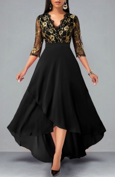 Floral Lace Patchwork High Low Black Dress