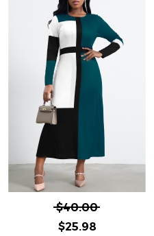 Green Contrast Long Sleeve Round Neck Dress
