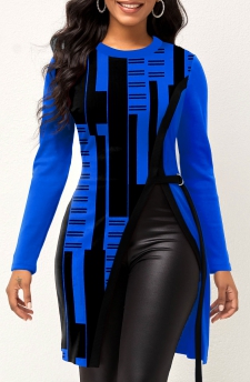 Geometric Print Royal Blue Round Neck T Shirt