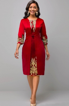 Round Neck 3/4 Sleeve Embroidered Red Dress