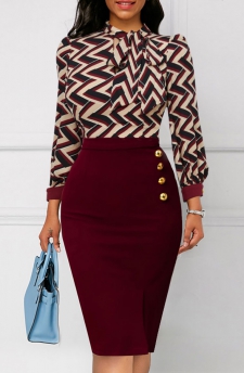Striped Button Wine Red Tie Collar Bodycon Dress