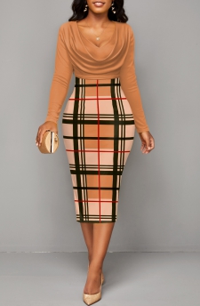 Plaid Patchwork Light Coffee V Neck Bodycon Dress