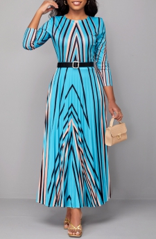 Geometric Print Pleated Light Blue Maxi Dress