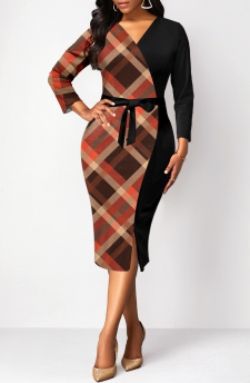 Plaid Surplice Belted Black V Neck Bodycon Dress