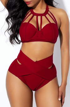 High Waist Cross Front Cage Neck Bikini Set