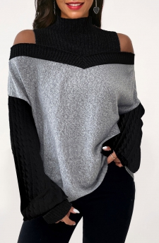 Patchwork Black Turn Down Collar Cold Shoulder Sweatshirt
