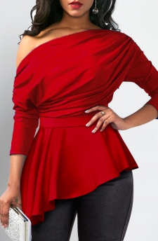 Red Asymmetry Three Quarter Length Sleeve Blouse